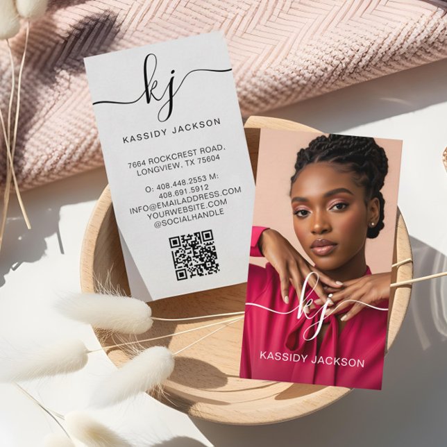 Eleganter Script Calligraphy Monogram Logo & QR Co Visitenkarte (Elegant Script Calligraphy Monogram Logo & QR Code Business Card)