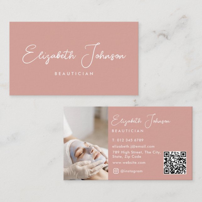 Eleganter Script Chic Pink Foto QR Code Visitenkarte (Vorne/Hinten)