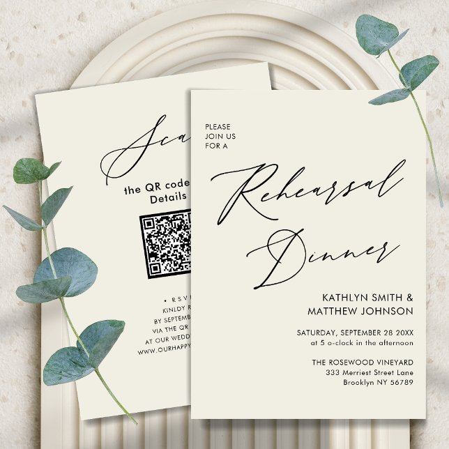 Eleganter Script Cream Probe Dinner QR Code Einladung (Von Creator hochgeladen)