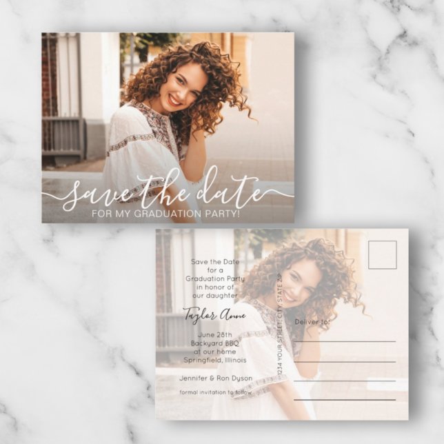 Eleganter Script-Foto-Abschluss Save the Date Postkarte (Von Creator hochgeladen)