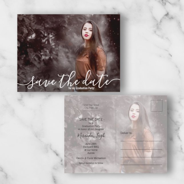 Eleganter Script-Foto-Abschluss Save the Date Postkarte (Von Creator hochgeladen)