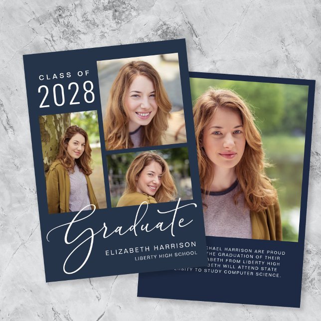 Eleganter Script Foto Collage Blue Abschluss Ankündigung (An elegant photo collage graduation announcement to celebrate the graduate's achievements)