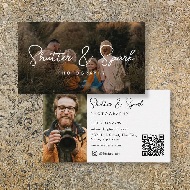 Eleganter Script-Full-Foto-Fotografie QR-Code Visitenkarte (Elegant Script Full Photo Photography QR Code Business Card
)