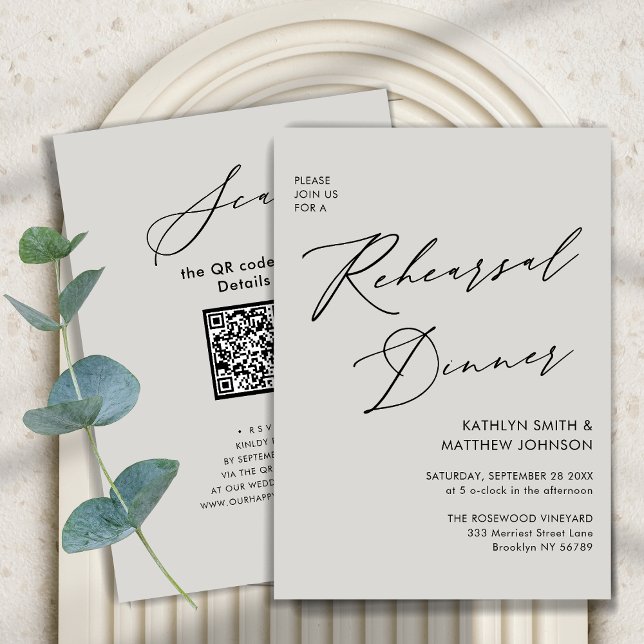 Eleganter Script Gray Chic Probe Dinner QR Code Einladung (Von Creator hochgeladen)