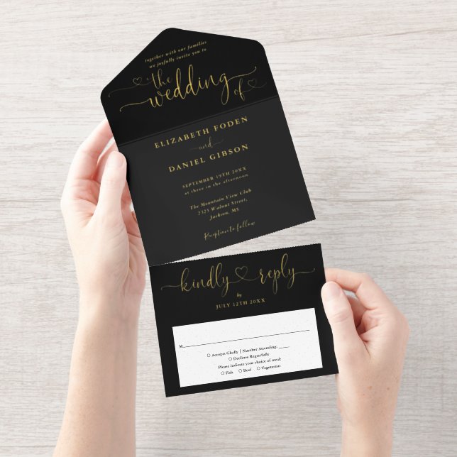 Eleganter Script Hearts Minimalistisch Wedding Foi All-in-One-Einladung (Abreißstreifen)
