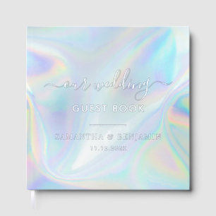 Eleganter Script Holographic Wedding Silver Foil Gästebuch