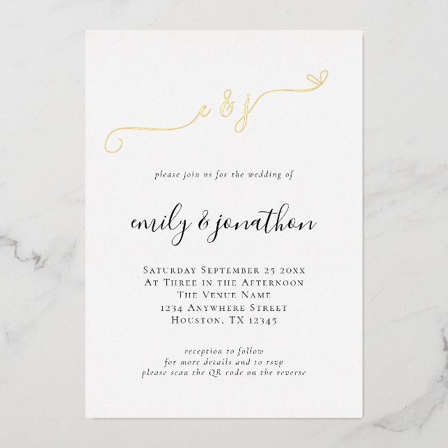 Eleganter Script Initials QR Code Hochzeit Real Folieneinladung (Vorderseite)