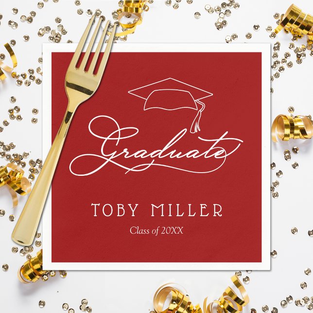 Eleganter Script-Kardinal Roter Abschluss Serviette (White script grad cap on cardinal red personalized graduation napkins, paper plates in our store)