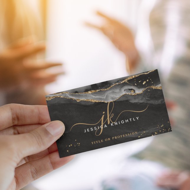 Eleganter Script Monogram Black Agate Gold Glitzer Visitenkarte (Von Creator hochgeladen)