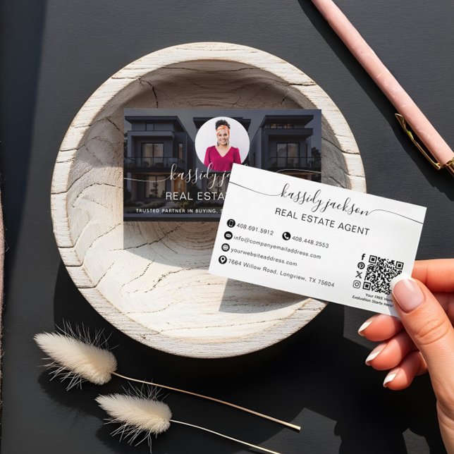 Eleganter Script Name Circle Business Foto QR Code Visitenkarte (Elegant Script Name Circle Business Photo QR Code Business Card)