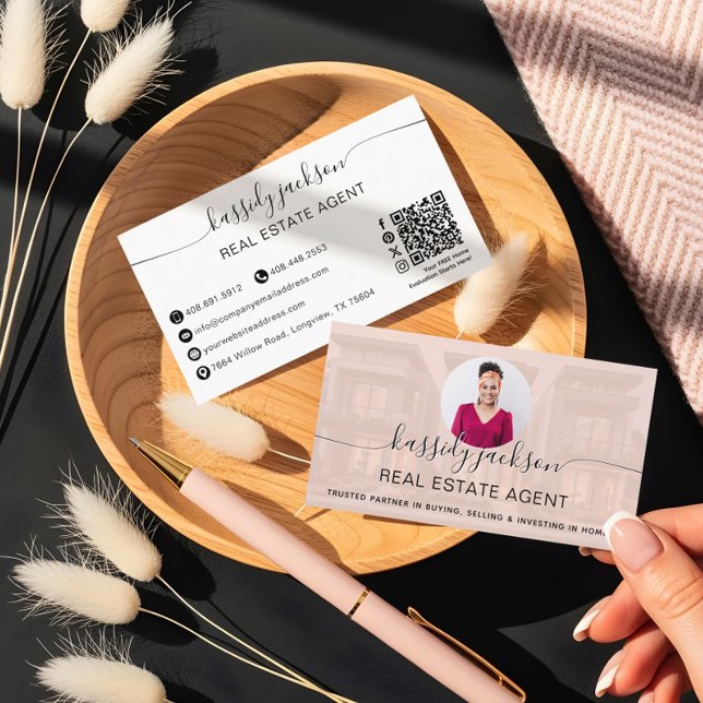 Eleganter Script Name Circle Business Foto QR Code Visitenkarte (Elegant Script Name Circle Business Photo QR Code Business Card)