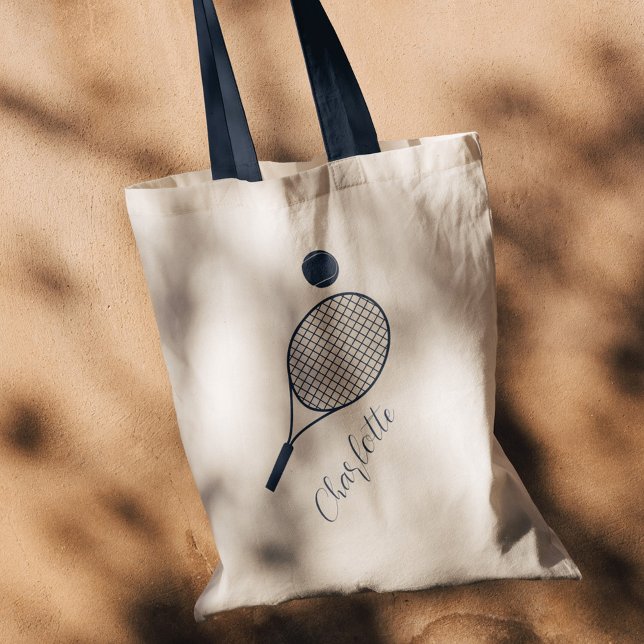 Eleganter Script Name Monogram Tennis Coach Custom Tragetasche (Tennis Club Swag Navy Blue Handles Tote Bag)