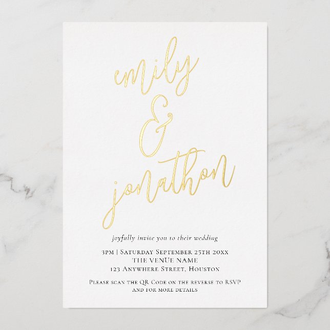 Eleganter Script-Namen QR-Code Hochzeit Real Foil Folieneinladung (Vorderseite)
