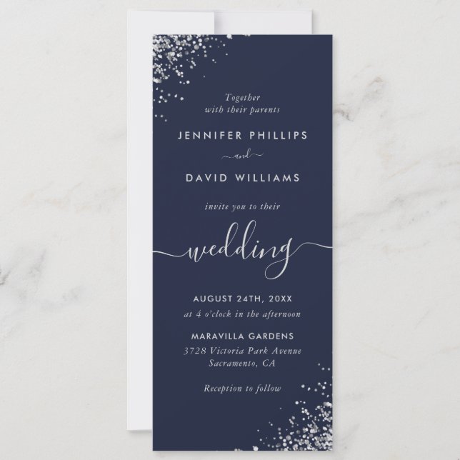 Eleganter Script Navy Blue Silver Glitzer Hochzeit Einladung (Vorderseite)