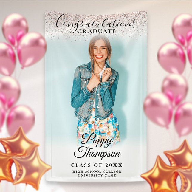 Eleganter Script Pink Glitzer Foto Abschluss Banner (Von Creator hochgeladen)