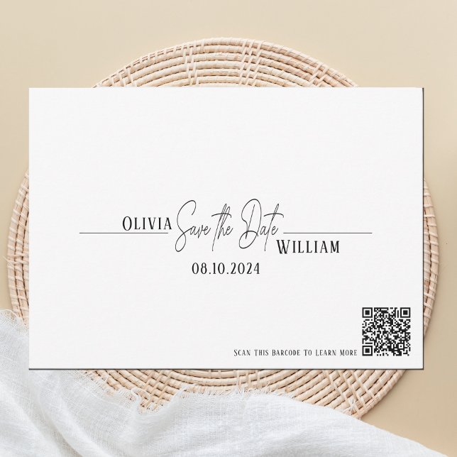 Eleganter Script QR Code Save the Date (Save The Date Wedding QR Code Announcement Card, Simple and elegant)