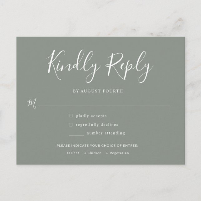 Eleganter Script Sage Green Wedding RSVP Einladungspostkarte (Vorderseite)