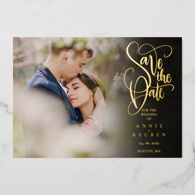 Eleganter Script-Save the Date Foto QR-Code Folieneinladung (Vorderseite)
