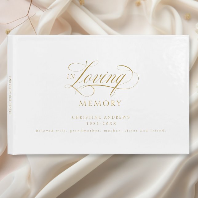 Eleganter, Script-Schriftart "In Love Memory" Beer Gästebuch (Elegant, Script Font "In Loving Memory" Funeral Guest Book, White & Beige-Gold.)
