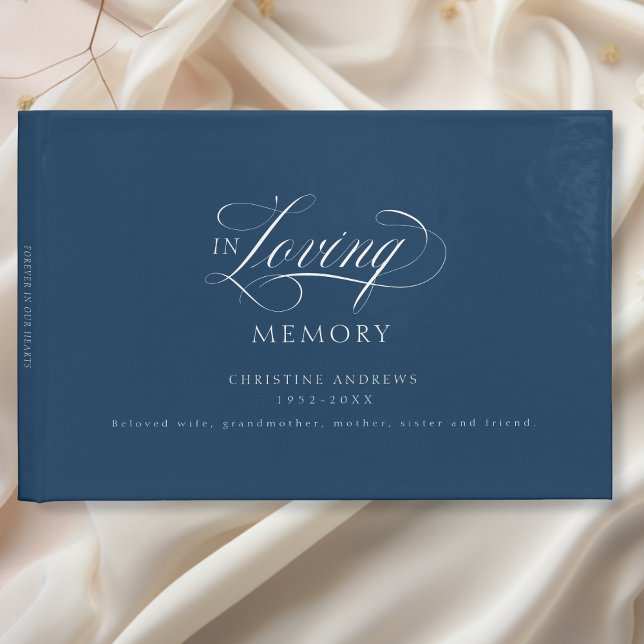 Eleganter, Script-Schriftart "In Love Memory" Beer Gästebuch (Elegant, Script Font "In Loving Memory" Blue Funeral Guest Book.)