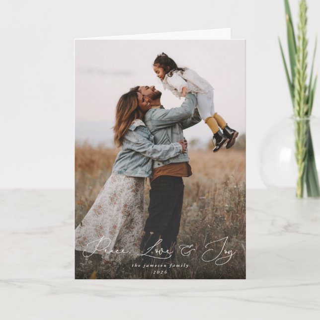 Eleganter Script Schriftart Peace Liebe+Joy Weihna Karte (Vorderseite)