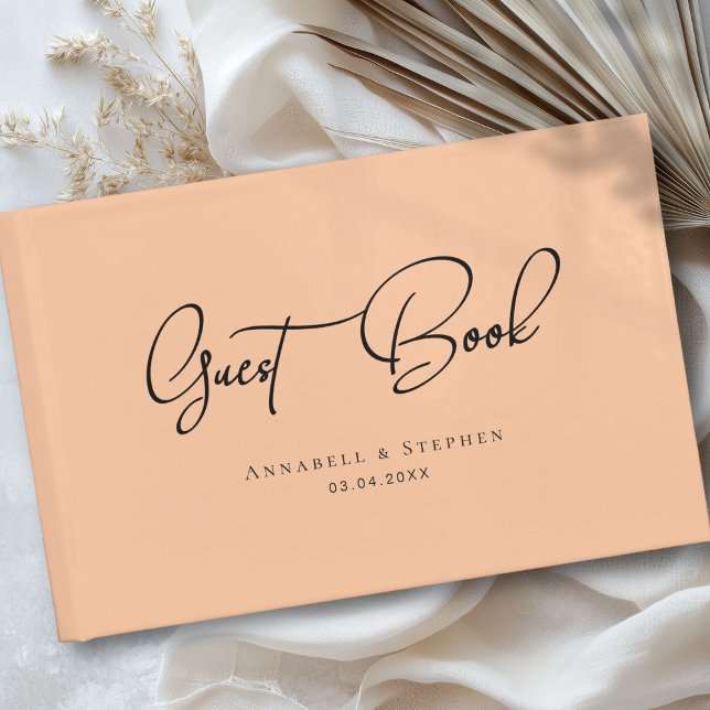 Eleganter, Script-Schriftart, Peach Wedding Gästebuch (Elegant, Script Font, Orange Wedding Guest Book)