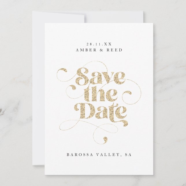 Eleganter Script Words Gold Imitats Glitzer Save The Date (Vorderseite)