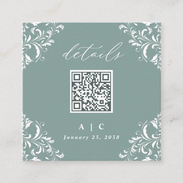 Eleganter Sea Green QR Code Hochzeitdetails Begleitkarte (Vorderseite)