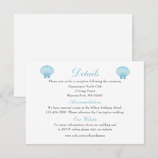 Eleganter Seashell Wedding Details Blue Beach Begleitkarte (Vorne/Hinten)