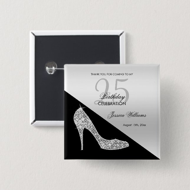Eleganter Sequin Stiletto, Silver & Black Geburtst Button (Vorne & Hinten)