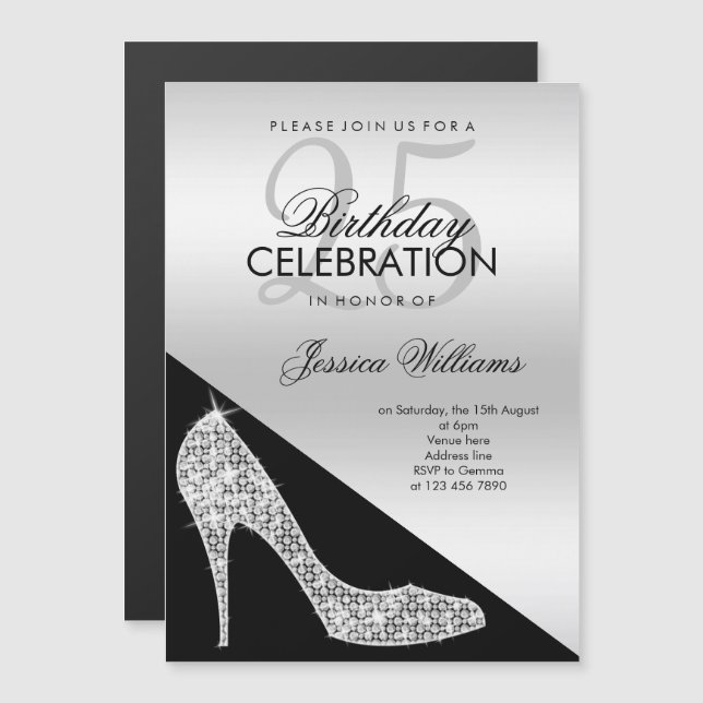Eleganter Sequin Stiletto, Silver & Black Geburtst Magneteinladung (Vorne/Hinten)