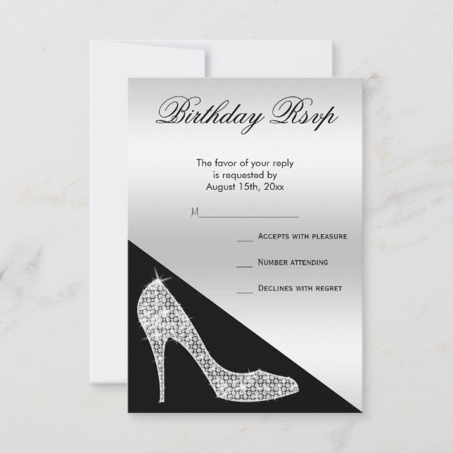 Eleganter Sequin Stiletto, Silver & Black Geburtst RSVP Karte (Vorderseite)