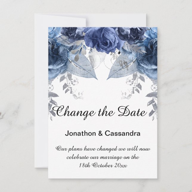 ELEGANTER SILBER BLUE FLORAL CHANGE THE DATE (Vorderseite)
