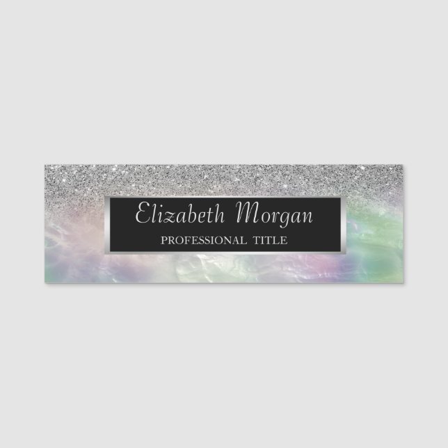 Eleganter Silber Frame, Glitzer Ombre Holographic Namensschild (Vorderseite)