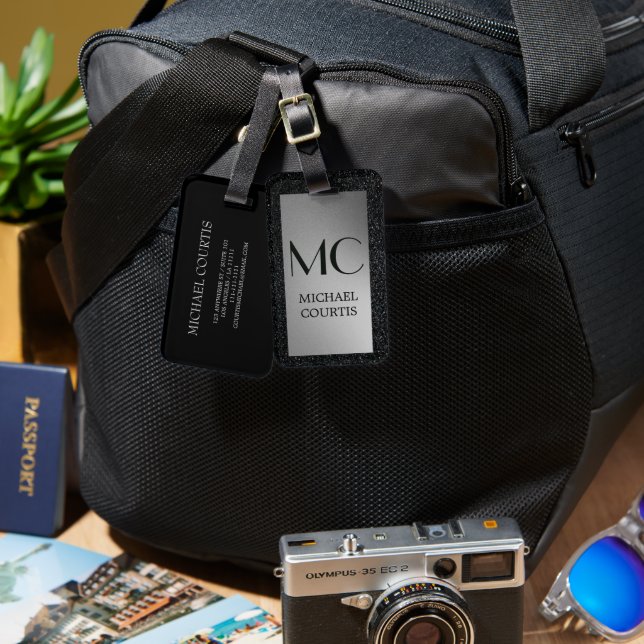 Eleganter silber-schwarzer Mit Monogramm Name Gepäckanhänger (Vorderseite & Rückseite)