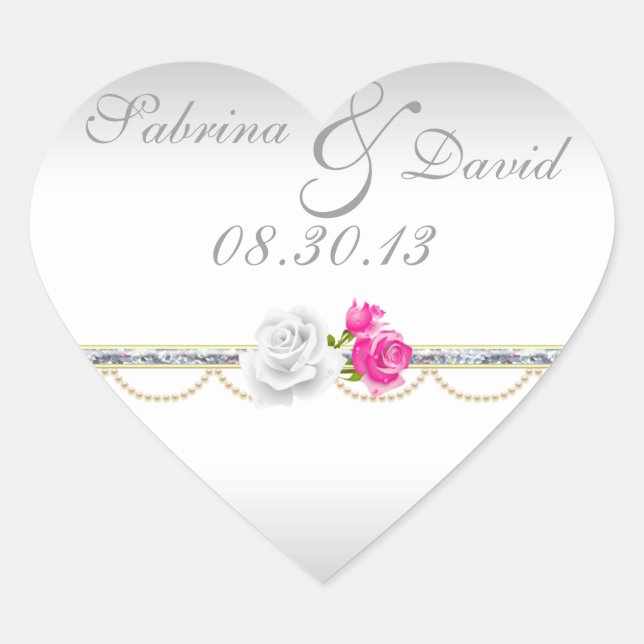 Eleganter Silber- und Rosenrosen-Umschlag Aufklebe Herz-Aufkleber (Vorderseite)