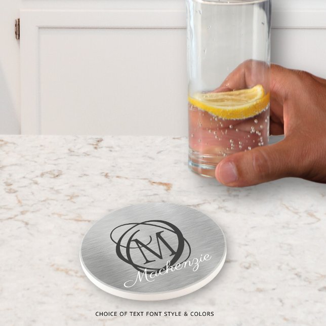 Eleganter Silberbrushed Metal Monogram Name Stilvo Getränkeuntersetzer (Von Creator hochgeladen)