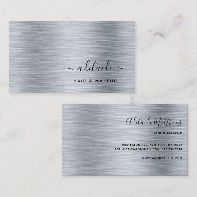 Eleganter Silberbrushed Metallic Monogram Name Visitenkarte (Vorne/Hinten)