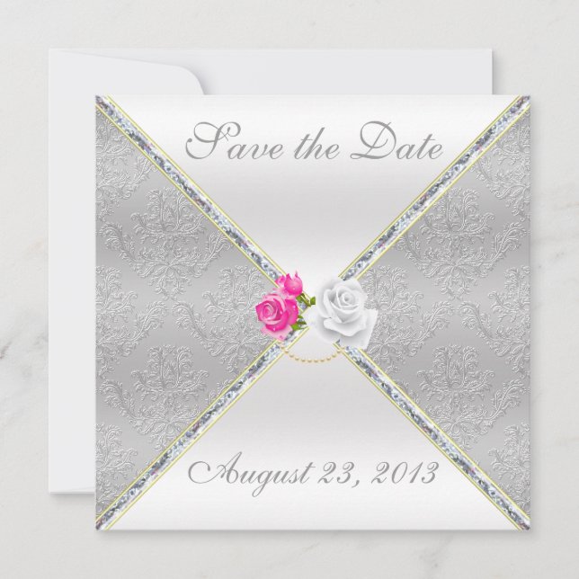 Eleganter SilberDamast und Rosa Rose Save the Date (Vorderseite)