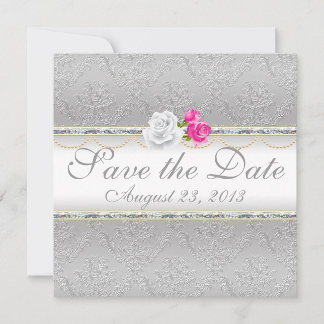 Eleganter SilberDamast und Rosa Rose Save the Date (Vorderseite)