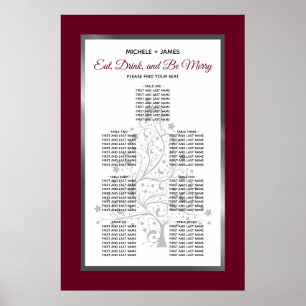 Eleganter silberner Burgunder-Hochzeitssitzplan Poster