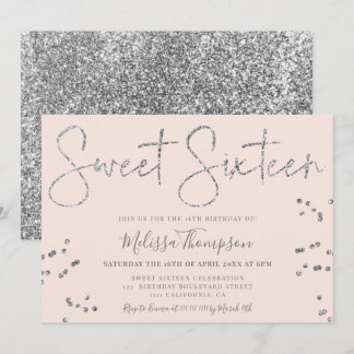Eleganter silberner Glitzer Drehbuch Rosa Sweet 16 Einladung