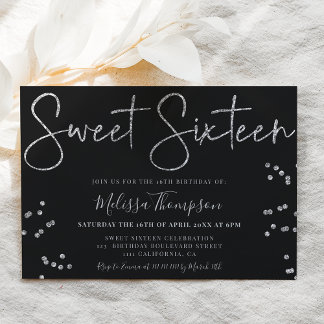 Eleganter silberner Glitzer Drehbuch Schwarz Sweet Einladung