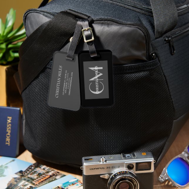 Eleganter silberner mit Monogramm Name Personalisi Gepäckanhänger (Vorderseite & Rückseite)