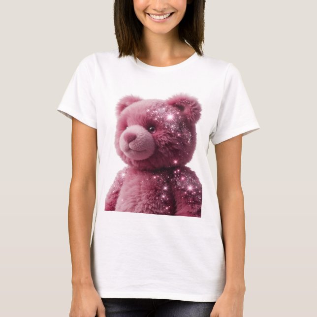 Eleganter silberner PINKER TEDDYBÄR MIT GLITTER T-Shirt (Vorderseite)