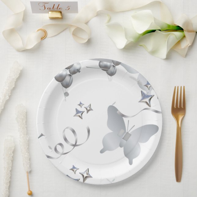 Eleganter Silberner Schmetterling Hochzeit Papier  Pappteller (Hochzeit)