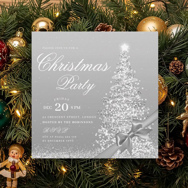 Eleganter silberner Weihnachtsbaum-Bogen  Einladung (Elegant Silver Winter Christmas Tree Bow Invitation)