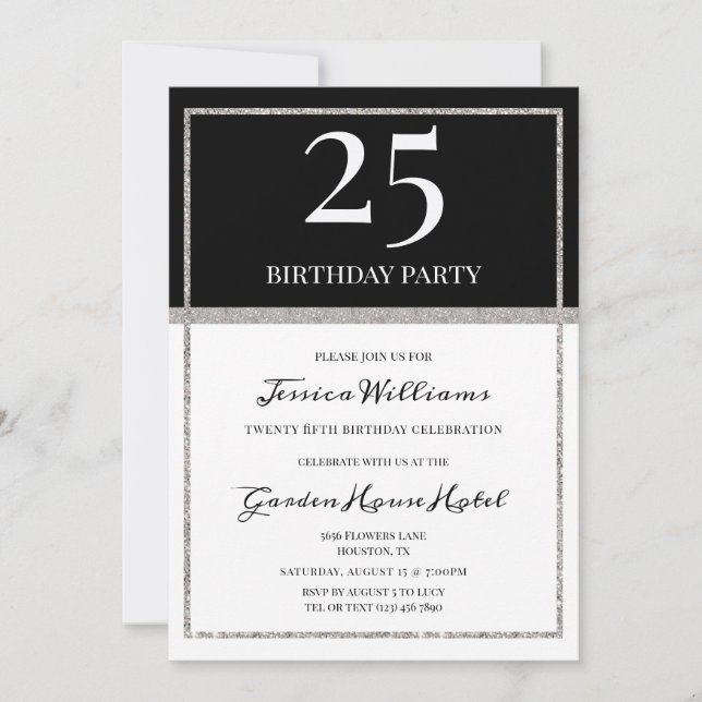 Eleganter Silver & Black Geburtstag Einladung (Vorderseite)