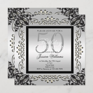 Eleganter Silver & Black Women's 50. Geburtstag Einladung