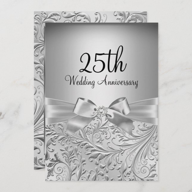 Eleganter Silver Bow Floral Swirl 25 Jahre Jubiläu Einladung (Vorne/Hinten)